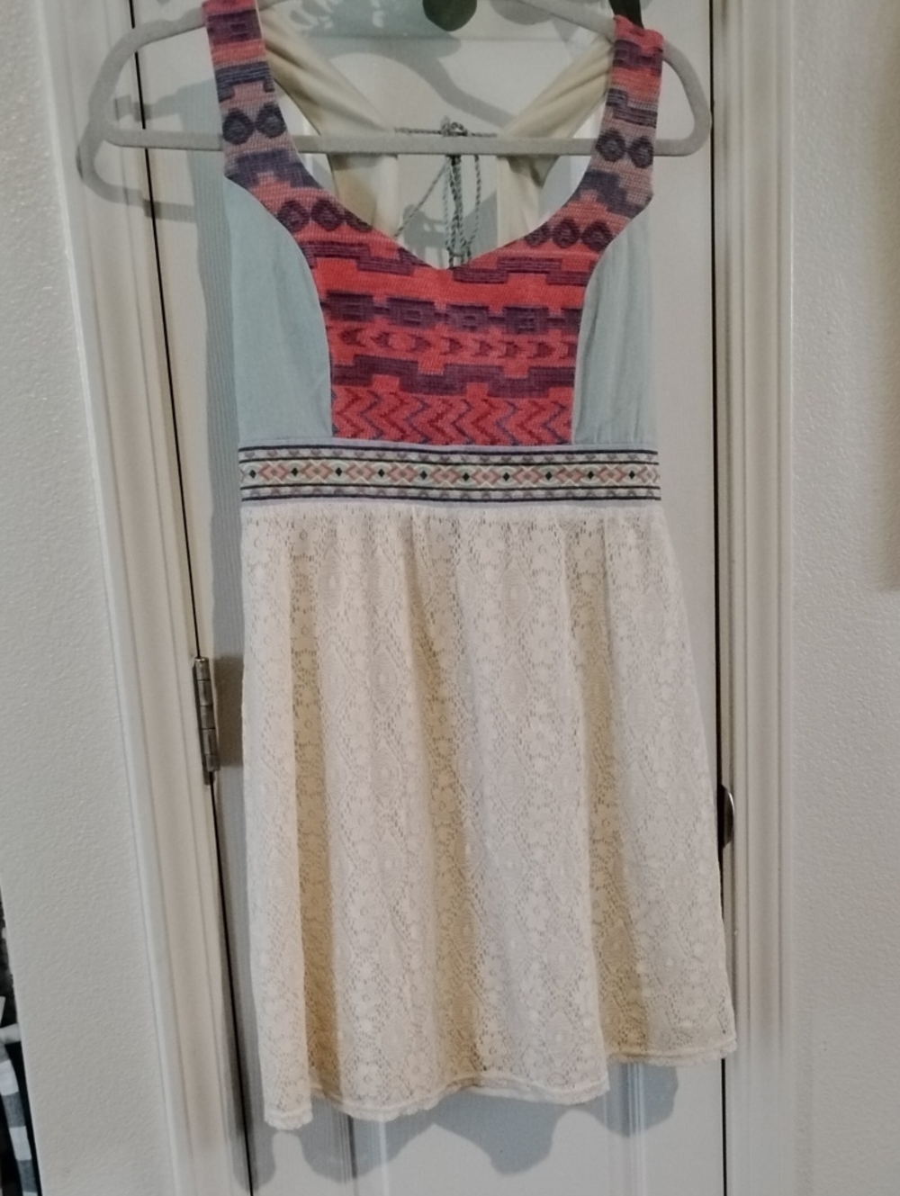 Multicolor Aztec Bodice Lace Skater Dress - Cream & Coral